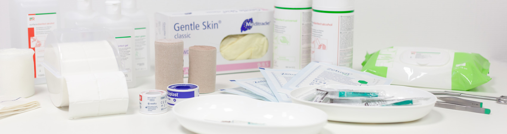 Various consumables such as bandages, plasters, swabs, disposable gloves and disinfectants for the doctor's office