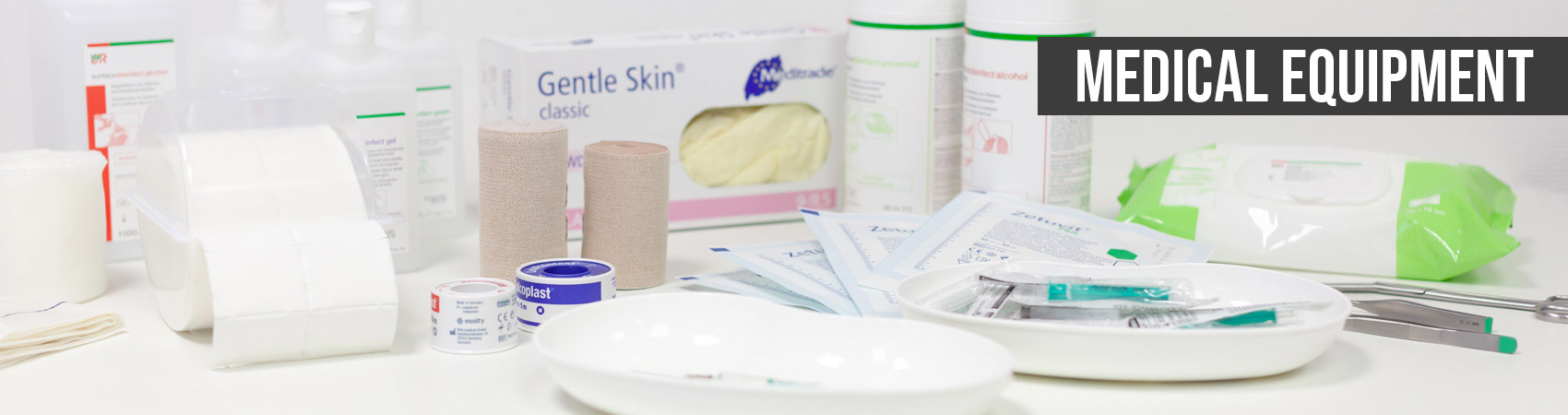 Various consumables such as bandages, plasters, swabs, disposable gloves and disinfectants for the doctor's office